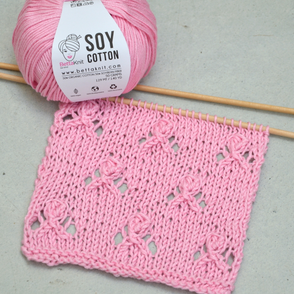 Rosebud Eyelet Stitch, knitting stitch tutorial The Rosebud Eyelet Stitch is an original knitting stitch that is perfect for your spring projects. For this stitch, you will need to know how to make the Bobble Stitch: each rosebud is made by working 5 stitches into the same stitch, turning your work to purl them straight away, and turning the work again on the right side to cast them off and continue knitting.