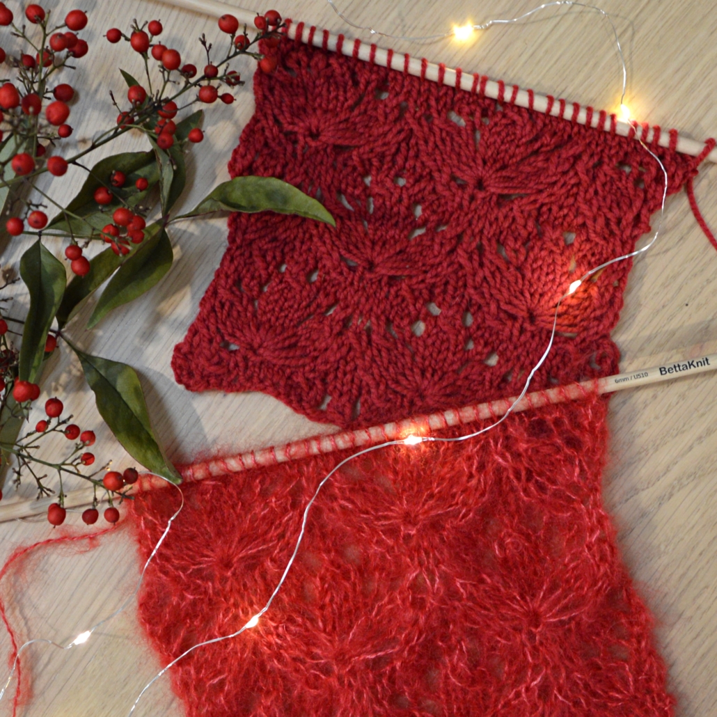 The Estonian Starflower Stitch reminds of the popular Christmas ornamental flower plant Poinsettia. Elegant and sophisticated, it is perfect to recreate using twisted ore voluminous yarns like mohair.
