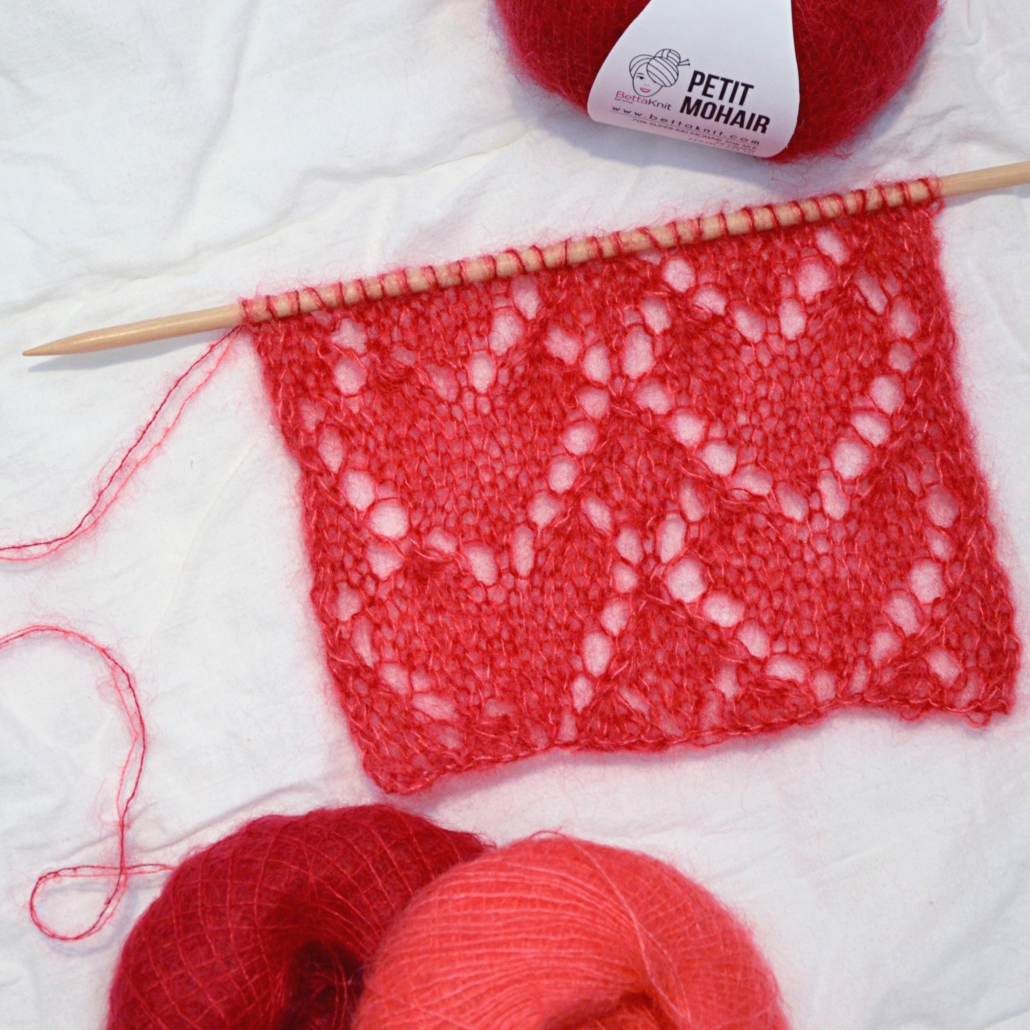 The Lace Hearts Knitting Stitch is super elegant for your Valentine's Day handknitted garments. By working with yarn-over stitches and decrease stitches, you will get hearts in vertical rows all over your work. This is an intermediate to advanced level stitch for more experienced knitters.