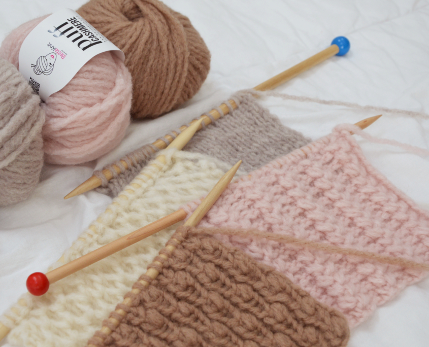 puff cashmere knitting swatches